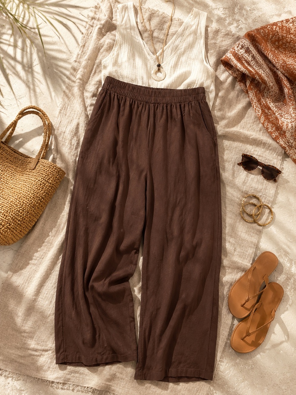 Old Navy High Rise Super Wide Leg Linen Blend Pants XXL Brown Pull On